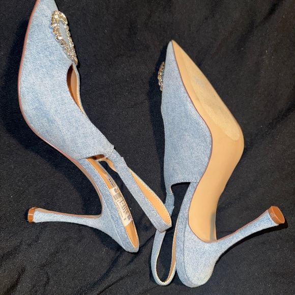 Steve Madden Light Denim Pointed Slingback Heels with Crystal Hex Accent - Picture 3 of 3